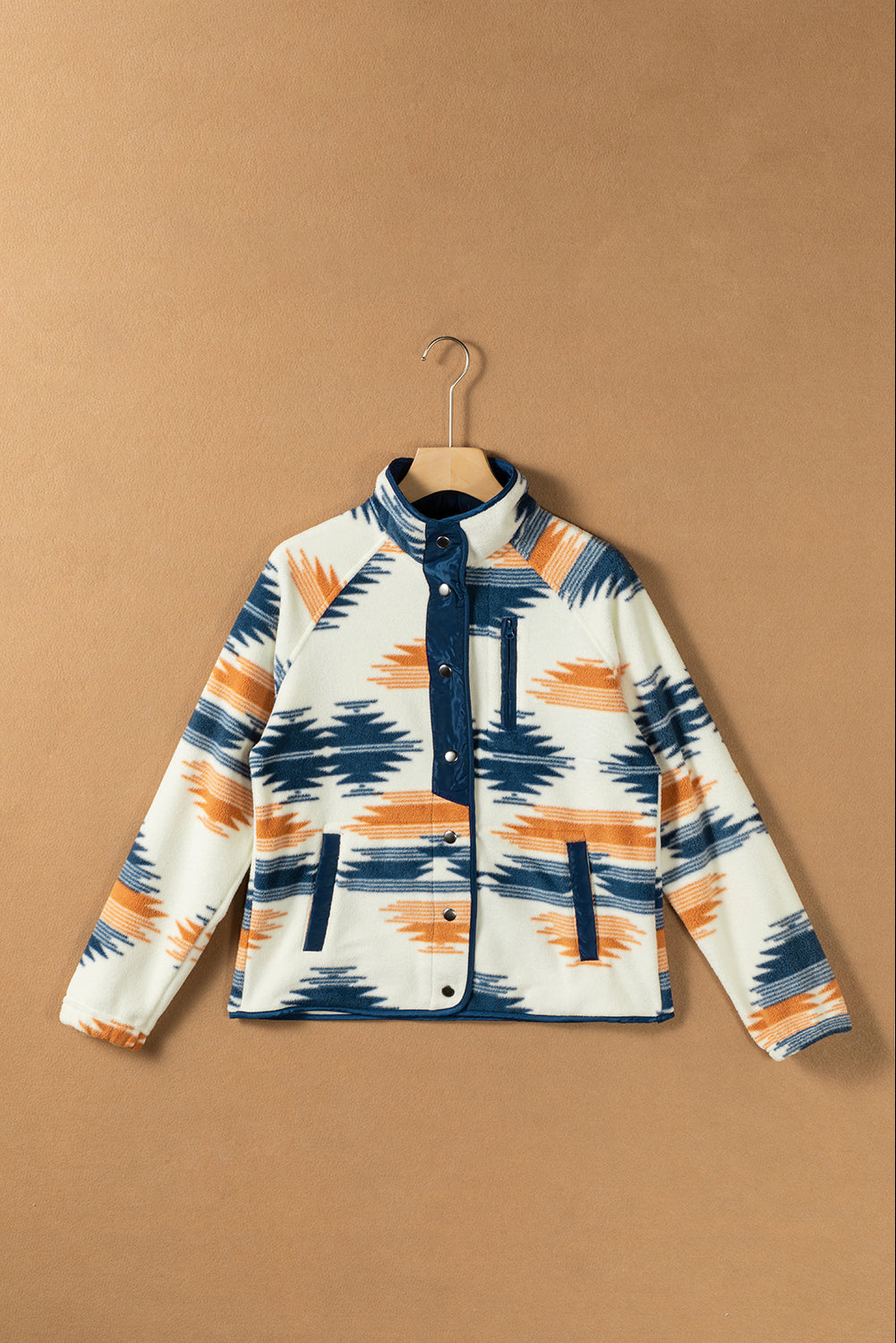 Aztec Patterned Snap Button Fleece Jacket