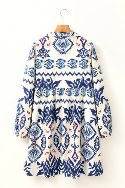 Blue Ethnic Print Striped Split Neck Long Sleeve Flowy Mini Dress