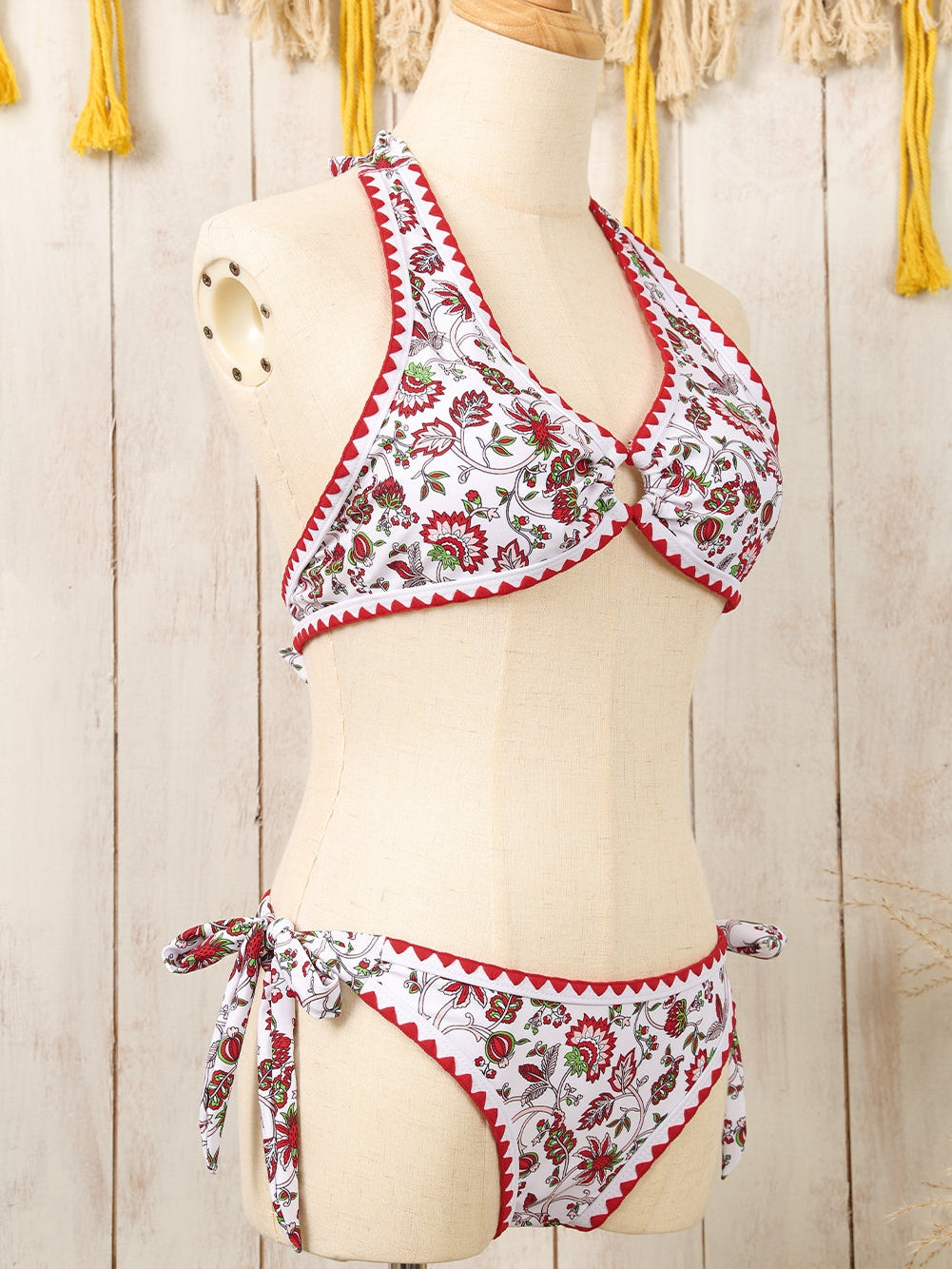Flirty Red Floral Halter Bikini with O-Ring Detail