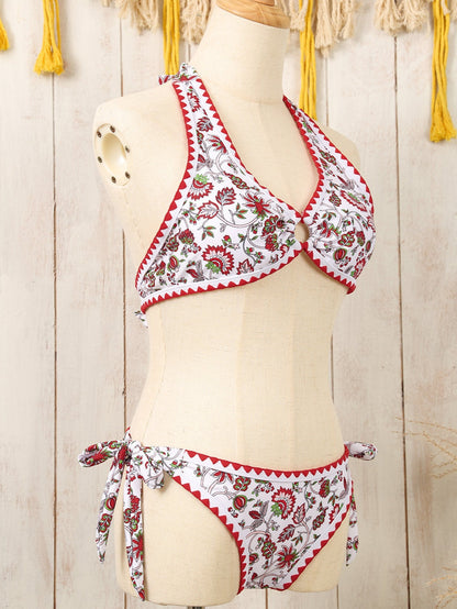 Flirty Red Floral Halter Bikini with O-Ring Detail