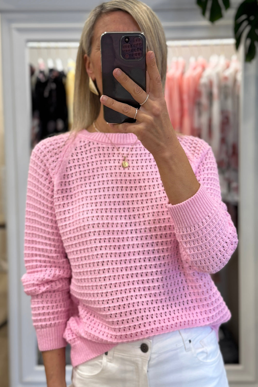 Pink Solid Color Pointellet Knit Raglan Sleeve Sweater