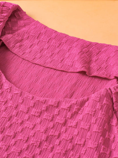 Coral Paradise Solid Textured Bubble Sleeve Plus Size Blouse