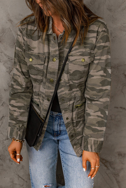 Green Camouflage Print Utility Jacket with Button Closure and Multiple Pockets