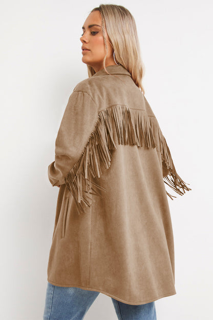 Khaki Suede Shacket with Fringe Detail for Plus Size Women