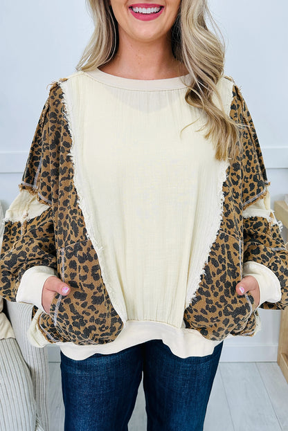 Beige Raw Seam Color Block Leopard Patchwork Baggy Long Sleeve Top