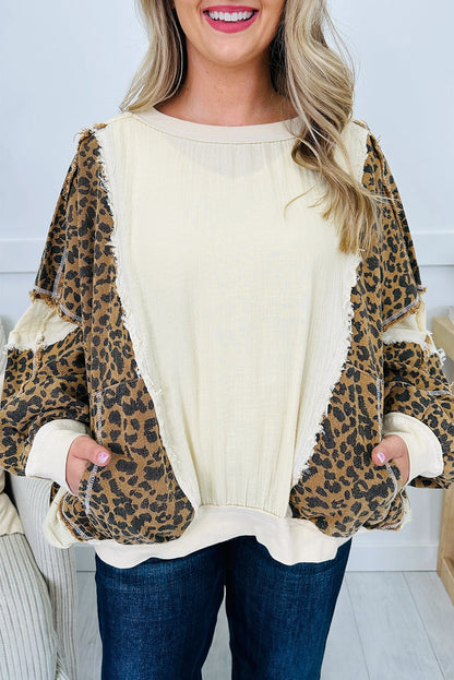 Beige Raw Seam Color Block Leopard Patchwork Baggy Long Sleeve Top