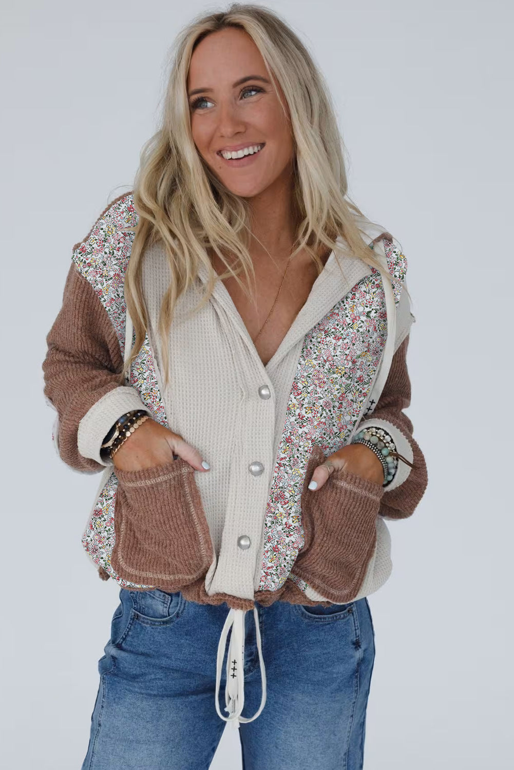 Jet Stream Mixed Textured Colorblock Floral Patchwork Hooded Shacket