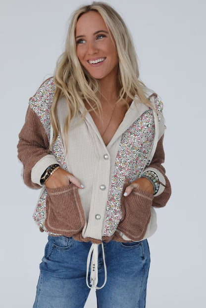Jet Stream Mixed Textured Colorblock Floral Patchwork Hooded Shacket