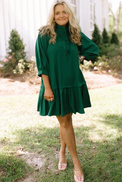Evergreen Frilled Half Button Neck 3/4 Sleeve Ruffle Hem Mini Dress