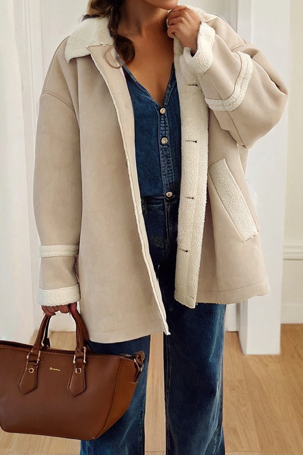 Parchment Suede Sherpa Lined Western Loose Jacket