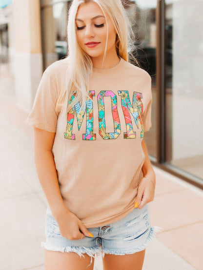 Khaki Floral "MOM" Print Crew Neck T-Shirt