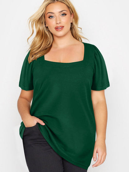 Ruched Shoulder Green Square Neck Plus Size Top