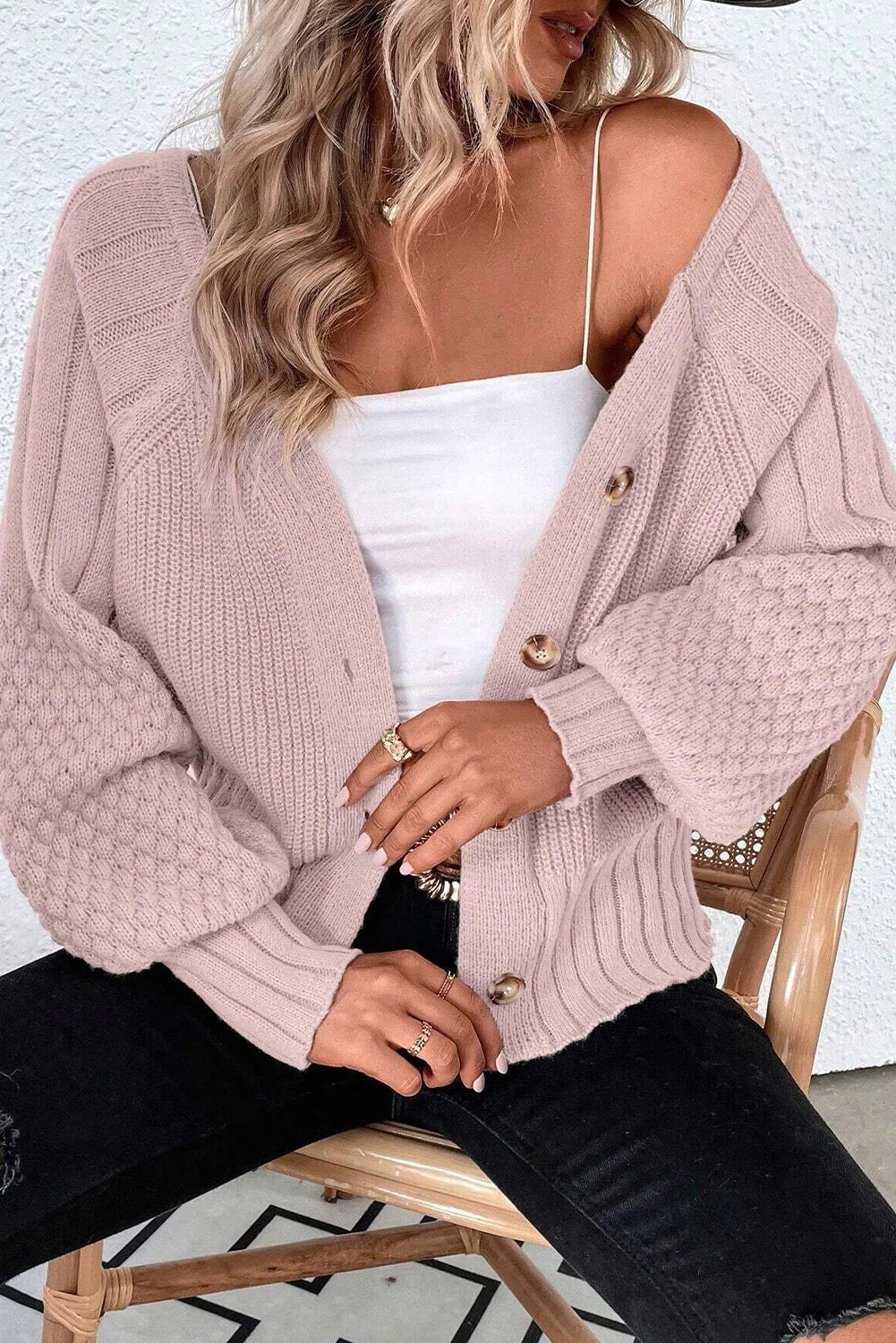 Light Pink Mixed Texture Knit Button V Neck Sweater Cardigan