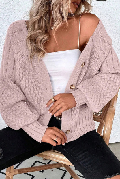 Light Pink Mixed Texture Knit Button V Neck Sweater Cardigan