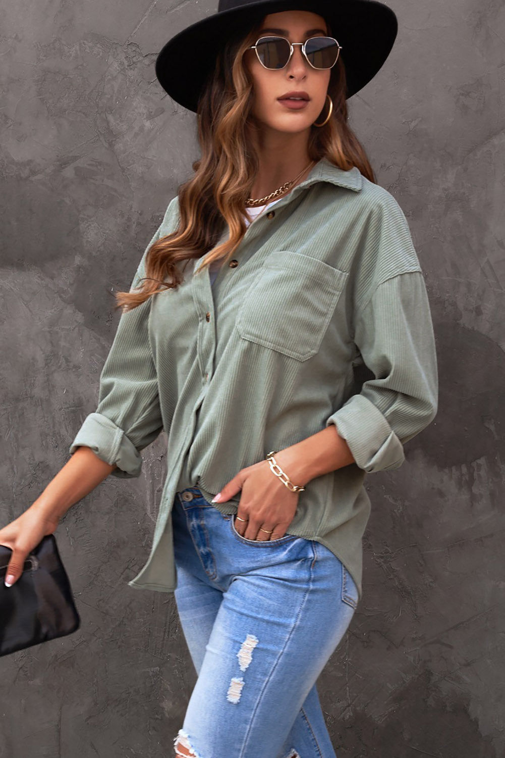 Gray Corduroy Button Pocket Shirt