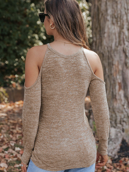 Khaki Marble Cold Shoulder Knit Top with Long Sleeves