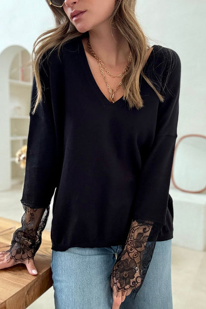 Black lace panel sweater