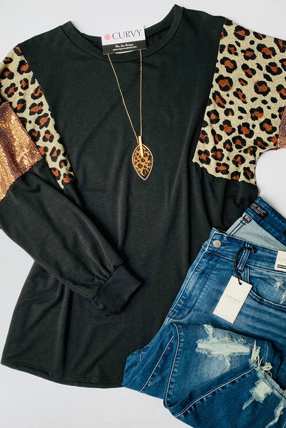 Leopard Print Sequin Embellished Plus Size Top with Long Sleeves