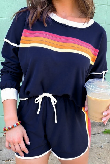 Bluing Colorful Striped Accent Varsity Long Sleeve Pullover and Shorts Matching Set