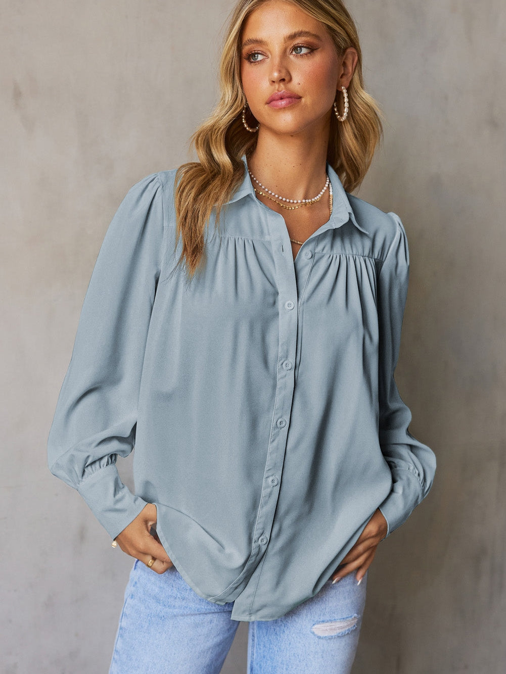Elegant Sky Blue Puff Sleeve Polyester Blouse