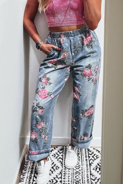 Beau Blue Floral Print Elastic Waist Pull On Casual Jeans