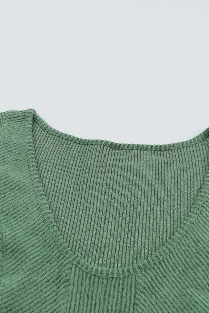 Green Ribbed U Neck Textured Top with Long Sleeves