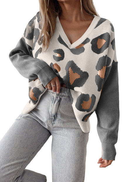 High-rise Leopard Print Color Block Patchwork Sleeve V Neck Sweater