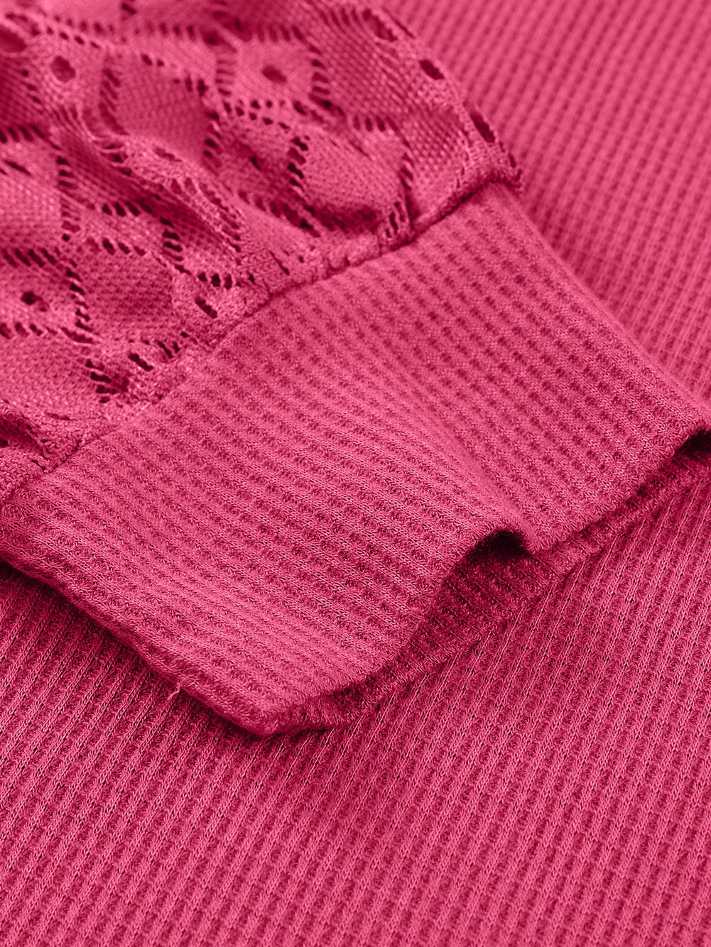 Strawberry Pink Plus Size Contrast Lace Sleeve Waffle Knit Top