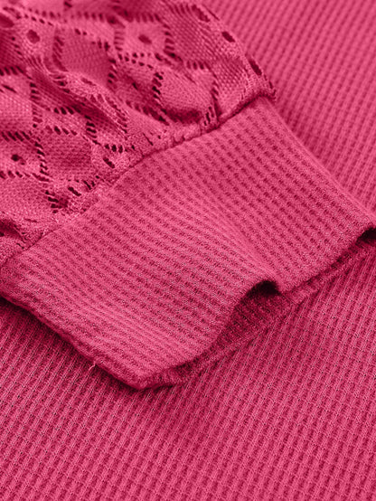 Strawberry Pink Plus Size Contrast Lace Sleeve Waffle Knit Top