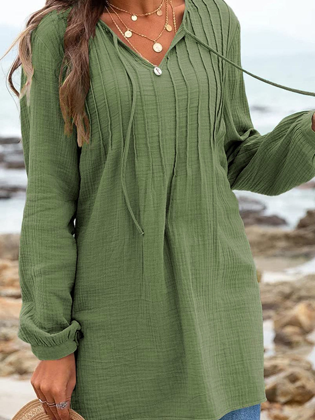 Green Textured V Neck Loose Top with Pleated Details