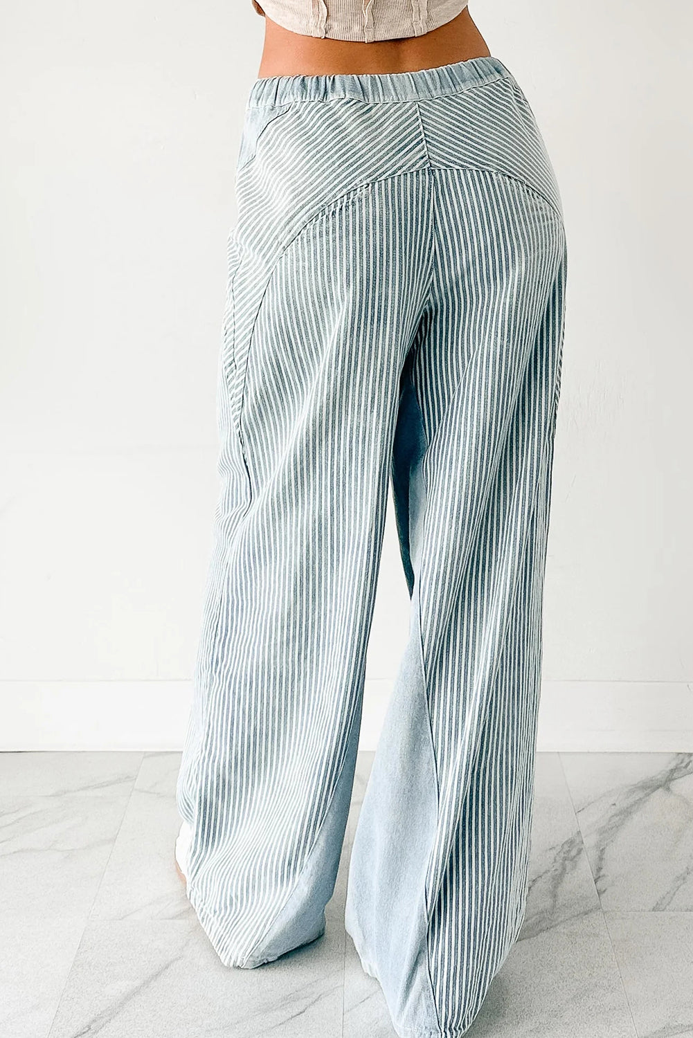 Sky Blue Stripe Contrast Drawstring Wide Leg Patchwork Jeans