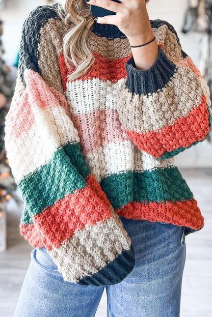 Orange Colorful Striped Knit Oversize Sweater