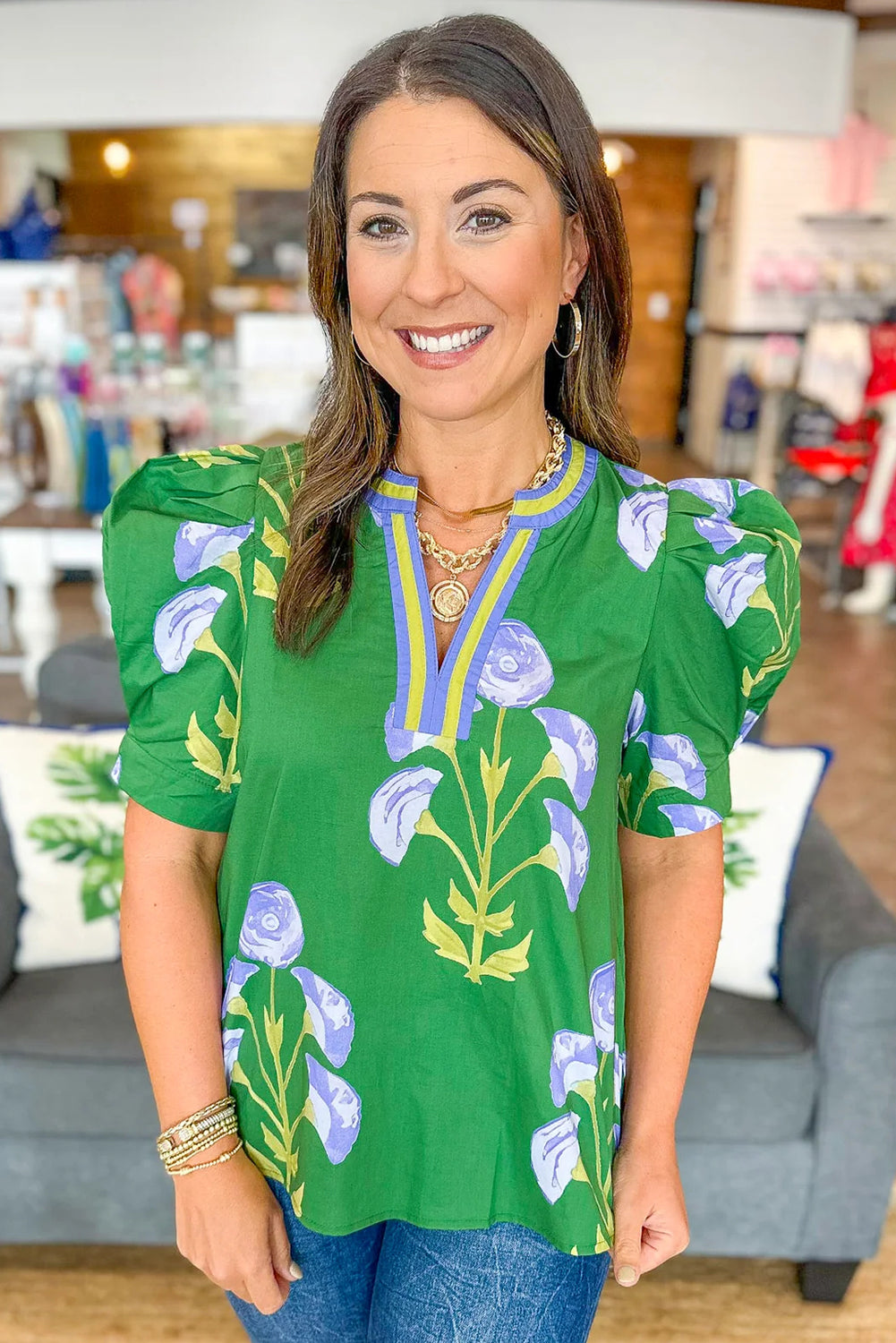 Green Floral Print Short Puff Sleeve Contrasted Striped V Neck Blouse