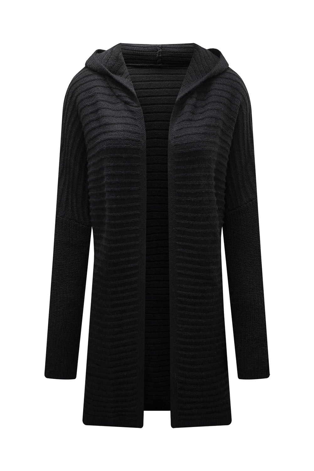 Black Ribbed Knit Hooded Cardigan for Stylish Autumn Layering