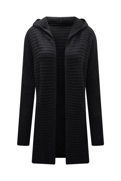 Black Ribbed Knit Hooded Cardigan for Stylish Autumn Layering