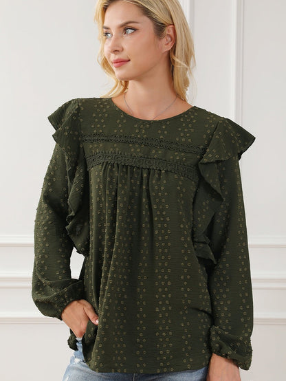 Elegant Green Lace Eyelet Shoulder Ruffle Long Sleeve Top