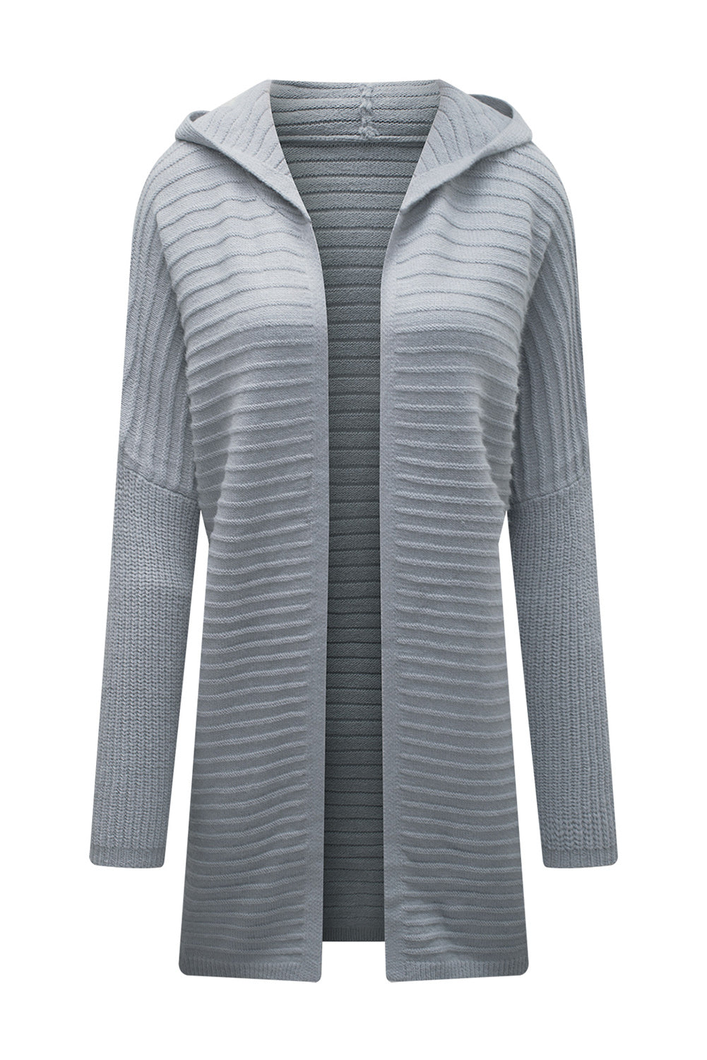 Knit Grey Hooded Duster Cardigan with Horizontal Rib Texture
