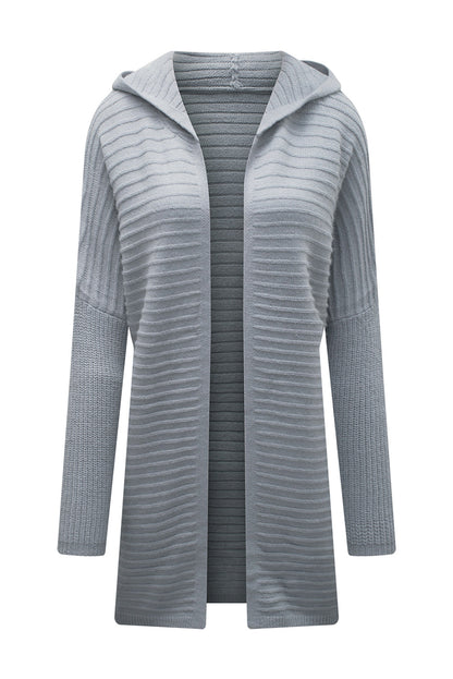 Knit Grey Hooded Duster Cardigan with Horizontal Rib Texture