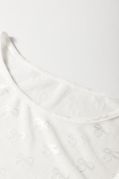 White Mesh Bow Pattern Long Sleeve Top