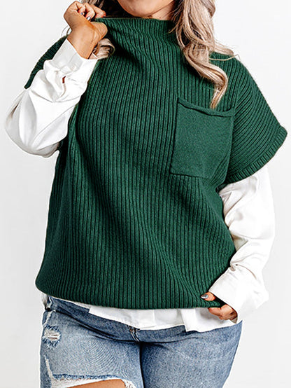 Jungle Green Plus Size Mock Neck Chest Pocket Short Sleeve Sweater