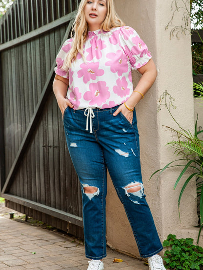 Purple Floral Ruffled Mock Neck Puff Sleeve Plus Size Blouse
