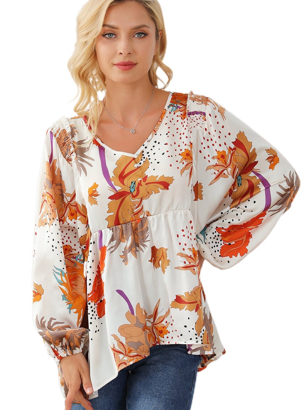 Floral Fantasy V Neck Babydoll Blouse in Multicolor