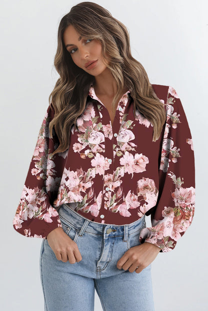 Brown Floral Puff Sleeve Lightweight Shirt