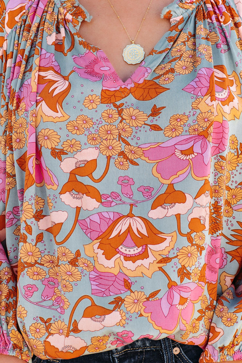 Elegant Floral Ruched V Neck Bohemian Blouse