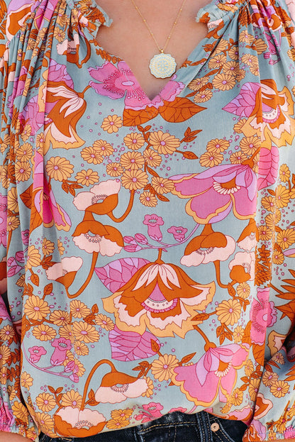 Elegant Floral Ruched V Neck Bohemian Blouse