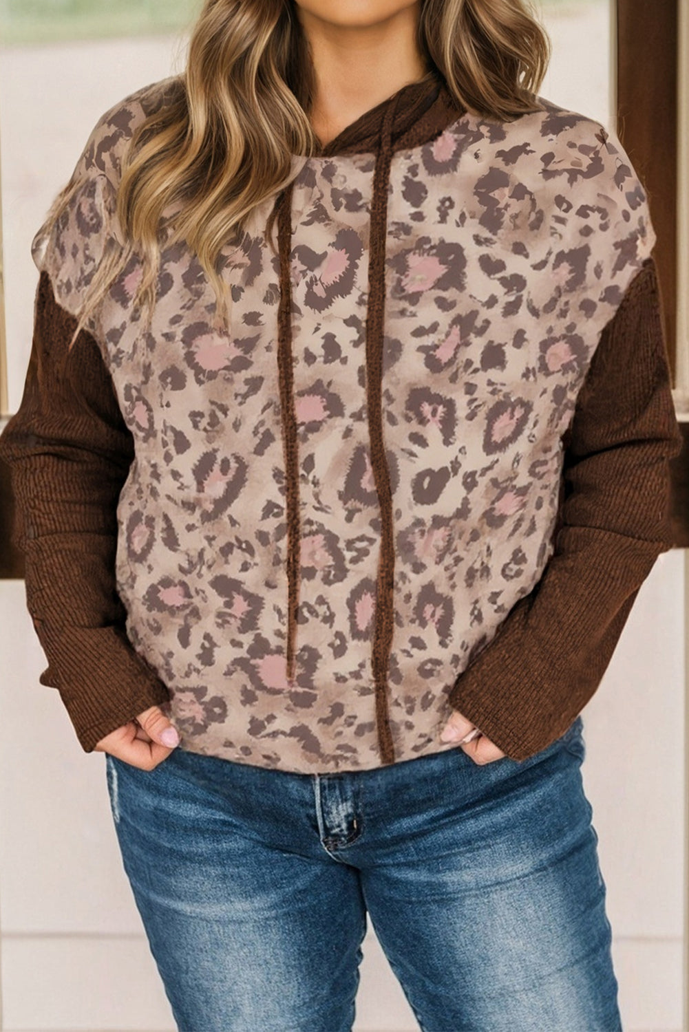 Brown Leopard Print Knit Patchwork Plus Hoodie