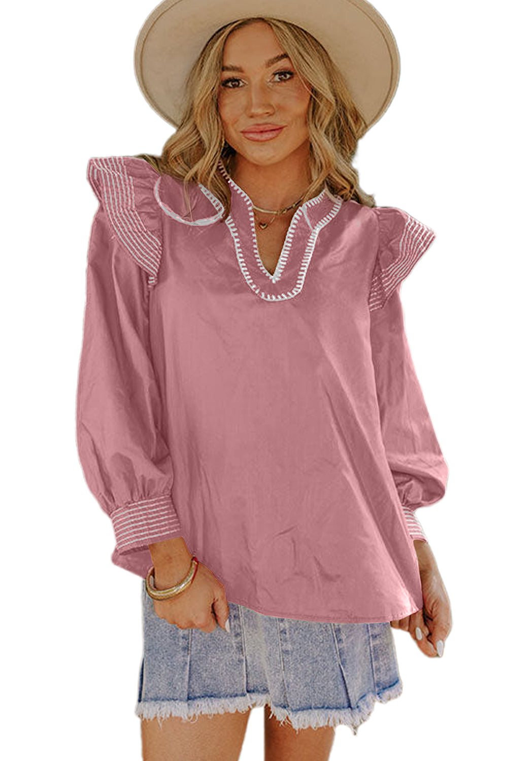 Pink Contrast Stitched Detail V Neck Ruffle Long Sleeve Blouse