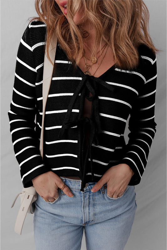 Black Stripe Tie Front Striped Knit V Neck Cardigan Sweater