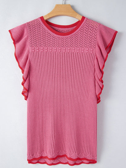 Rose Red Ruffled Contrast Trim Plus Size Short Sleeve Sweater