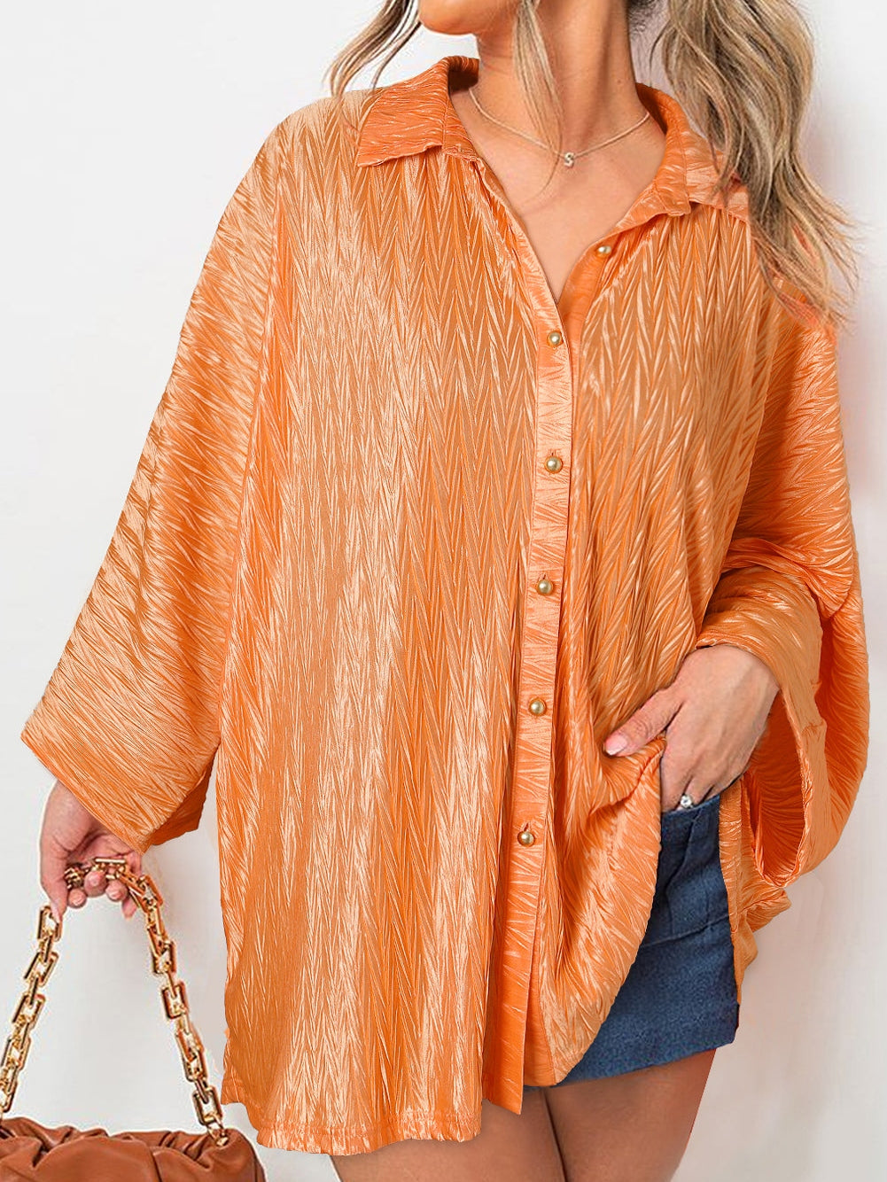 Grapefruit Orange Crinkled Texture Button-up Blouse with Wide Sleeves